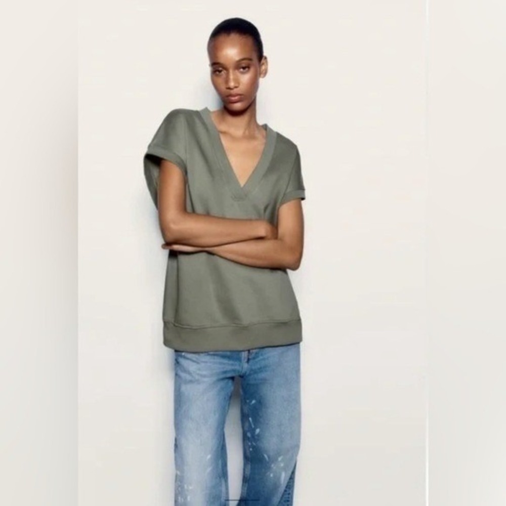 Zara Oversize Khaki Plush‎ V-Neck Vest Capped Sleeve Fleece Top Medium